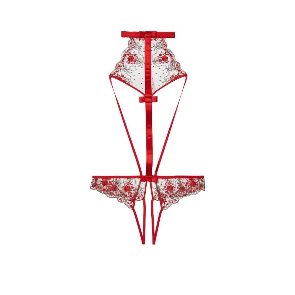 Victoria's Secret High Neck Embroidered Ouvert Teddy XXL Red Lipstick Lace